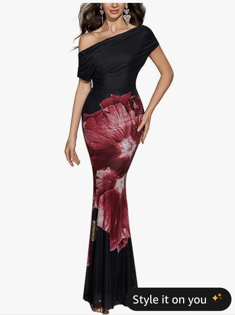 Off-Shoulder Black Maxi Dress with Red Floral Print
